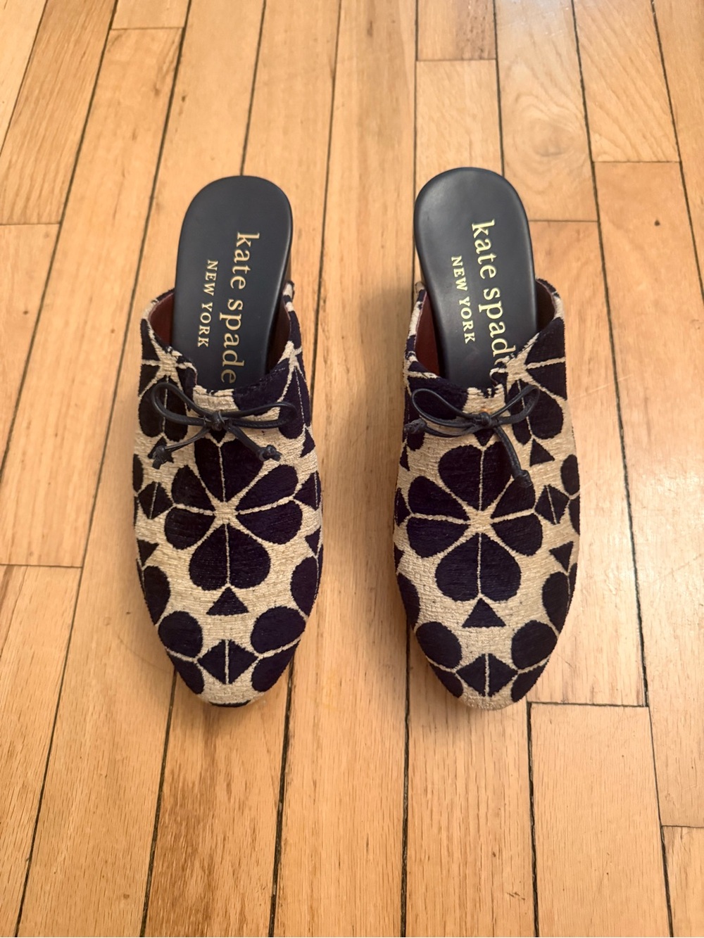 kate spade Navy and Cream Floral Embroidered Mules